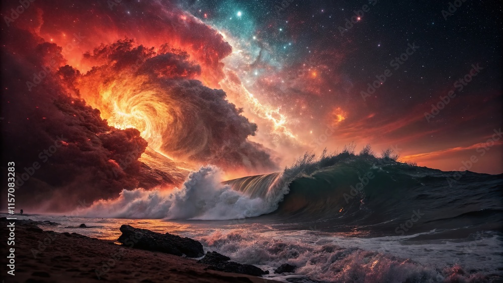 Fototapeta premium Vibrant Abstract Fluid Dynamics: Fiery Cosmic Explosion Portrait