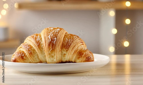 Delicious golden croissant on white plate, bokeh background.