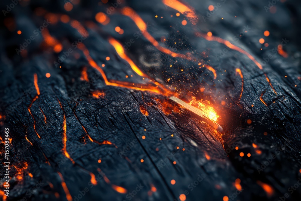 Match Igniting on Charred Surface with Glowing Embers Match Igniting on Charred Surface with Glowing Embers