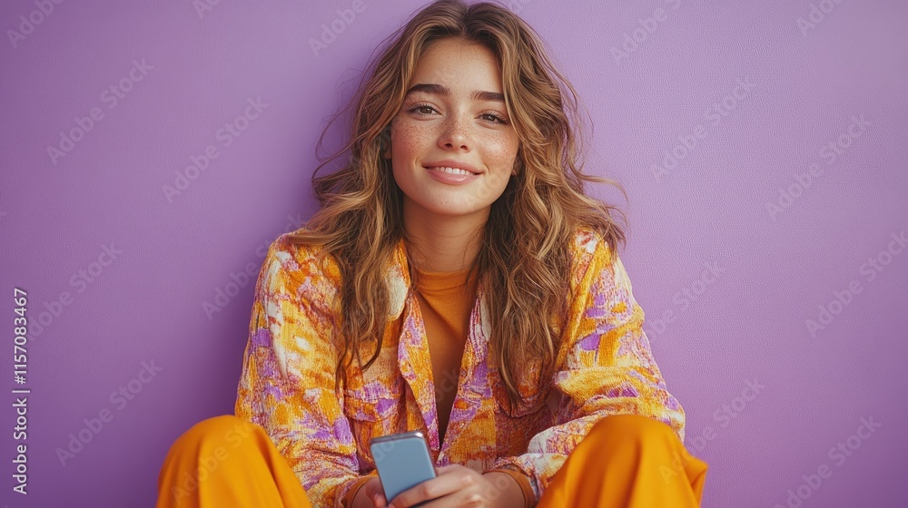 Smiling woman with long wavy hair sits against purple background, holding a small device.