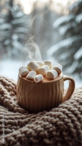 Wallpaper Mural A steaming mug of hot chocolate topped with fluffy marshmallows rests on a thick knit blanket, capturing the essence of a cold winter day with snow-covered trees in the background Torontodigital.ca