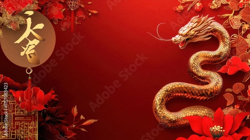 Wallpaper Mural Golden Dragon Red Flowers Chinese New Year Design Torontodigital.ca
