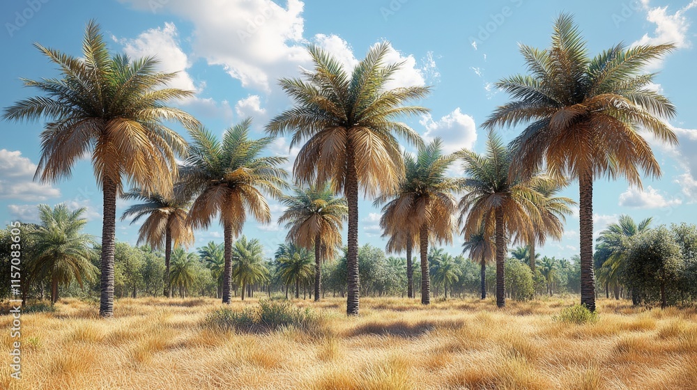 Lush oasis with tall palm trees under a sunny sky. Lush oasis with tall palm trees under a sunny sky.