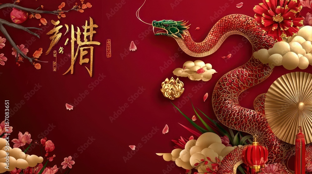 Festive Chinese New Year Dragon Design Red Gold Floral Clouds Festive Chinese New Year Dragon Design Red Gold Floral Clouds