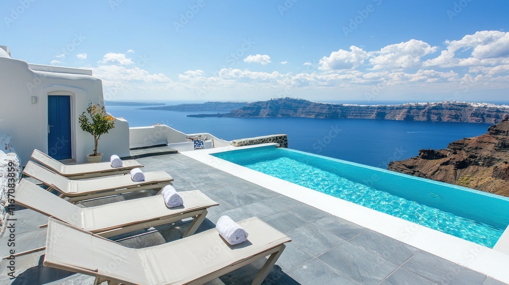 Fototapeta premium Infinity pool overlooking Aegean sea, Santorini.