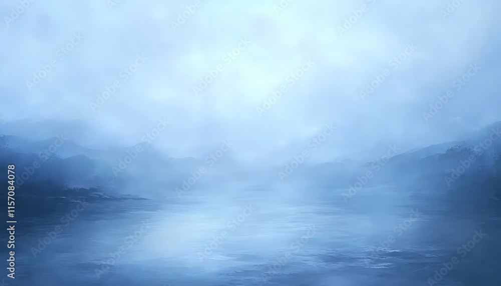 Fototapeta premium Serene misty landscape; tranquil blue water reflects soft light, showcasing calm mountains in the distance, creating a peaceful and dreamy atmosphere.