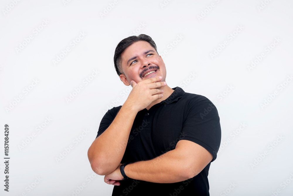 Middle-aged man in thoughtful pose with hand on chin, white background