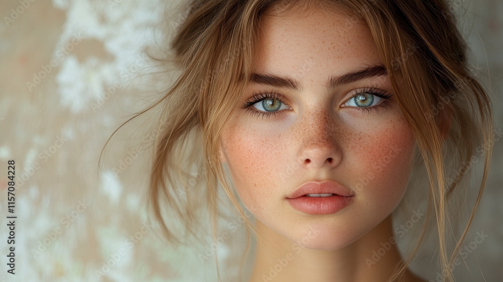 Close-up portraits of a young woman with striking blue eyes and natural blonde hair. One with a straw hat for a rustic feel, and the other with a soft undone hairstyle, radiating timeless beauty Close-up portraits of a young woman with striking blue eyes and natural blonde hair. One with a straw hat for a rustic feel, and the other with a soft undone hairstyle, radiating timeless beauty