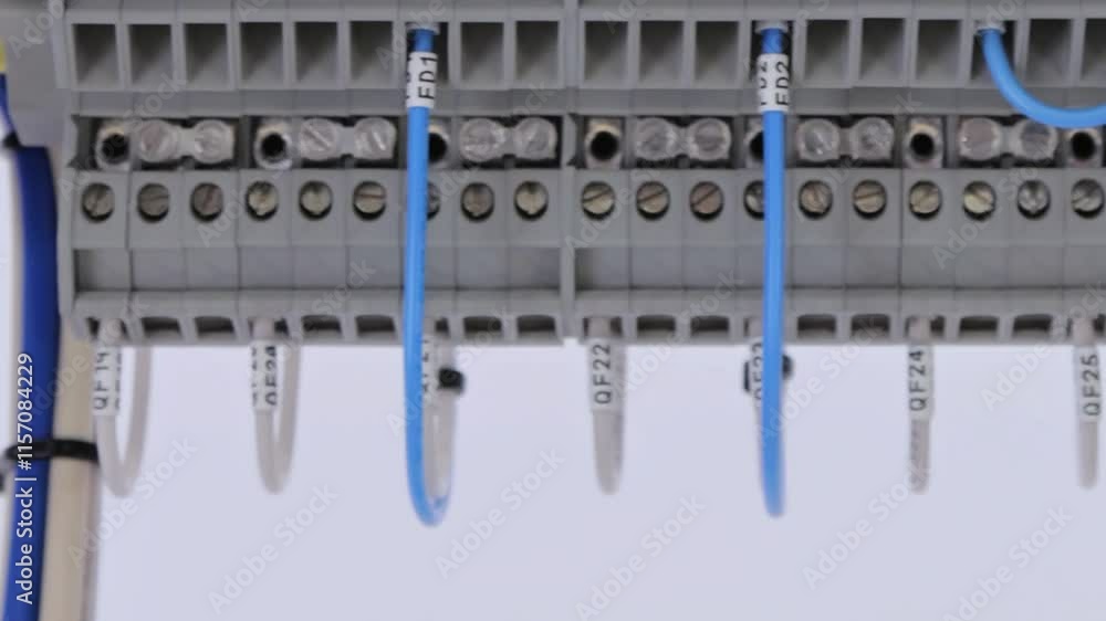 Electrical screw terminals for connecting wires in an electrical switchboard. Soft focus. Close-up.