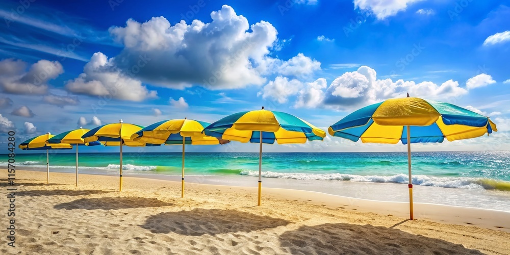 Fototapeta premium Vibrant Blue and Yellow Umbrellas on Sunny Beach - Summer Vacation Stock Photo