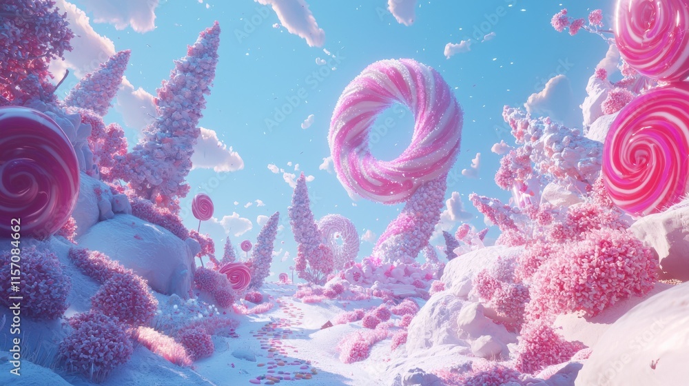 Obraz premium Whimsical candy landscape with pink swirls, lollipop trees, and snowy terrain.