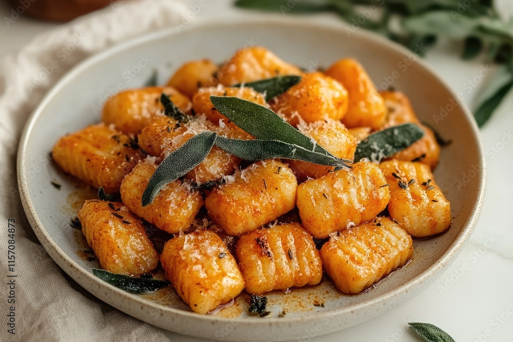 A stunning plate of gnocchi with sage leaves and cheese showcases culinary expertise. A stunning plate of gnocchi with sage leaves and cheese showcases culinary expertise.