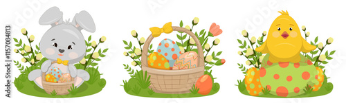 Three illustrations with a rabbit, a chick, painted eggs in a basket and spring flowers. Easter children s stories. Vector illustration for a poster, greeting card or invitation, labels or tags