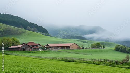 Wallpaper Mural 日本の山々と酪農牧場、霧がかる早朝の静けさ Torontodigital.ca