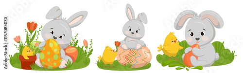 Three adorable children s illustrations with a bunny, a chick, painted eggs in a basket and spring flowers. Easter scenes. Vector illustration for a poster, greeting card or invitation, labels or tags