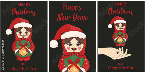 Set vertical Christmas greeting poster cover with Matryoshka. Typography new year brochure with russian doll. Folk Christmas greeting card cover design. Holiday theme. Vector for social media. 
