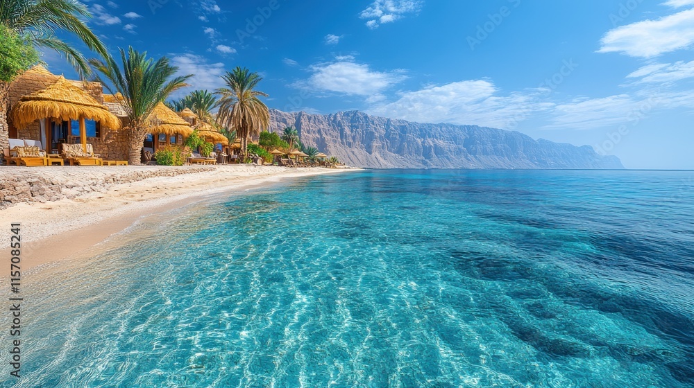 Fototapeta premium Idyllic beach scene with crystal-clear turquoise water, sandy shore, palm trees, and thatched huts against a majestic mountain backdrop.