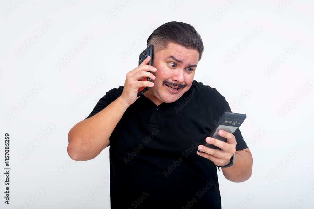 Man multitasking with two phones expressing frustration on white background Man multitasking with two phones expressing frustration on white background