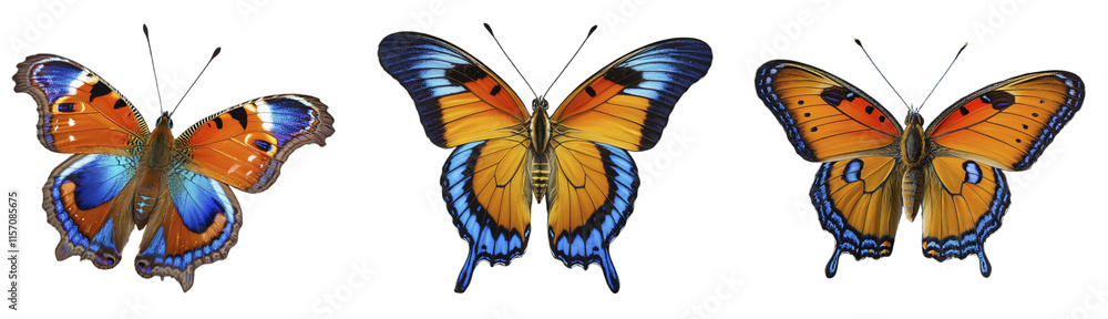 Set of butterflies with blue and orange wings on a transparent background Set of butterflies with blue and orange wings on a transparent background