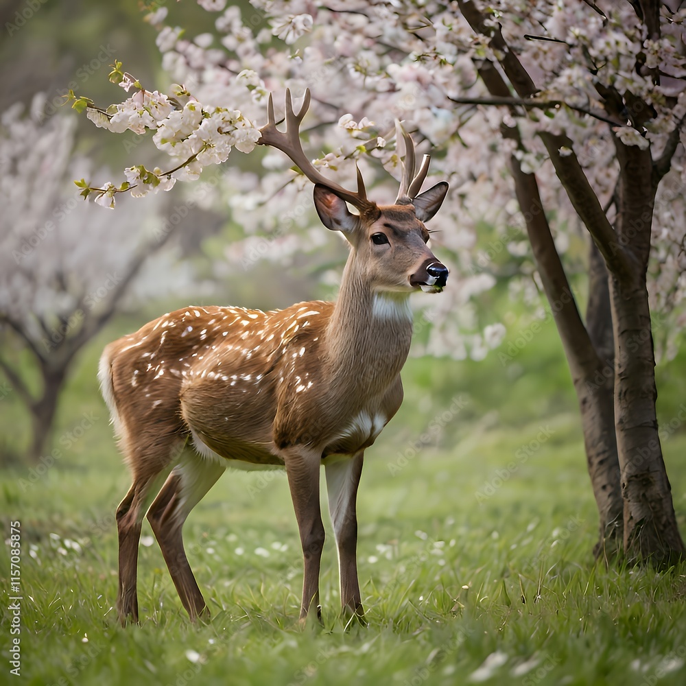 A graceful deer in a green kimono with floral patterns grazes peacefully in a meadow surrounded by blooming cherry blossoms. A graceful deer in a green kimono with floral patterns grazes peacefully in a meadow surrounded by blooming cherry blossoms.