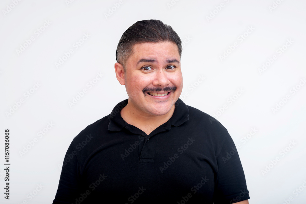 A socially inept and meek middle-aged man making an awkward smile. Isolated on a white background. A socially inept and meek middle-aged man making an awkward smile. Isolated on a white background.