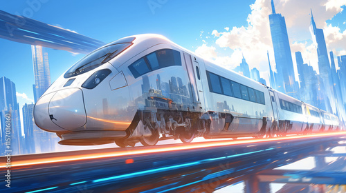 High-speed train, high-tech white exterior, futuristic design, city skyline in the background, floating above clouds, dynamic motion blur effect, clear sky with sunlight casting long shadows, vibrant photo