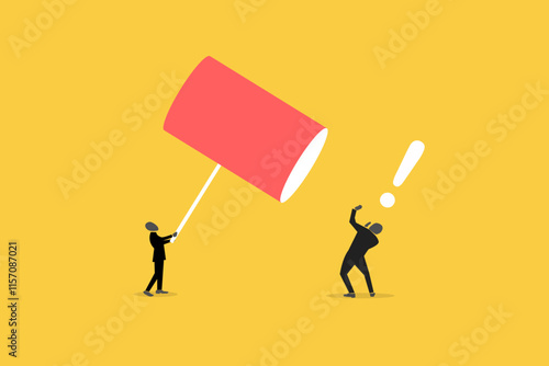 Angry businessman hitting office man with a sledge hammer. concept of business revenge and anger. Punishment for poor performance