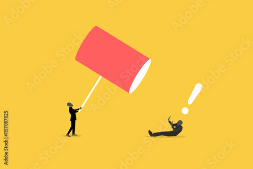 Angry businessman hitting office man with a sledge hammer. concept of business revenge and anger. Punishment for poor performance