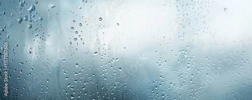 Cold foggy window glass with water drops creating an abstract background in misty gray blue for design inspiration and web site banners