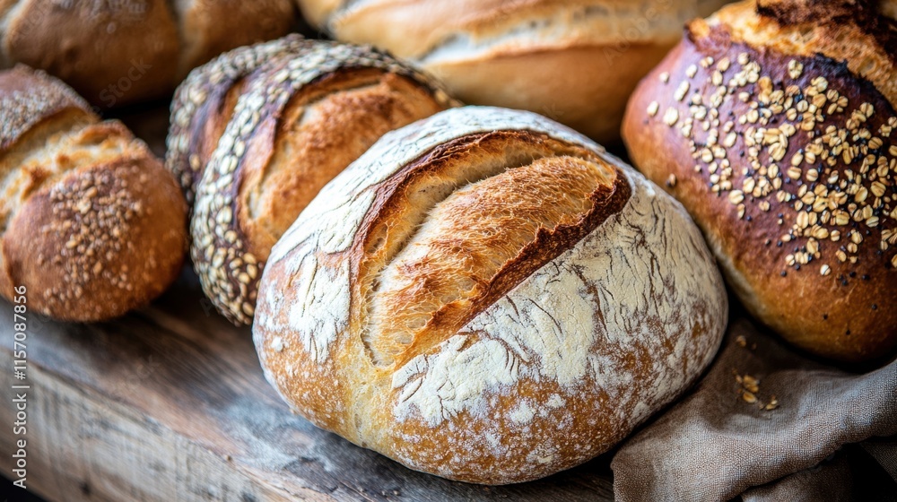 Freshly baked artisanal bread loaves displayed on a wooden surface in a bakery setting during the morning Freshly baked artisanal bread loaves displayed on a wooden surface in a bakery setting during the morning