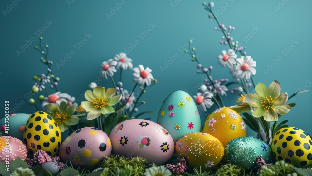 Easter arrangement showcases vibrant, colorful eggs on a blue background with floral patterns, featuring unique compositions and details Easter arrangement showcases vibrant, colorful eggs on a blue background with floral patterns, featuring unique compositions and details