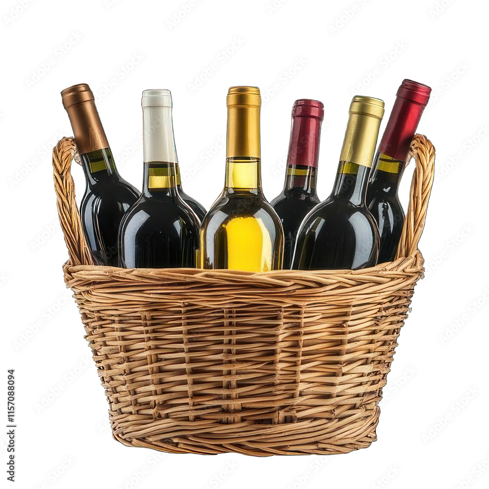 Collection of PNG. Assorted wines in wicker basket, isolated on a transparency background. Collection of PNG. Assorted wines in wicker basket, isolated on a transparency background.