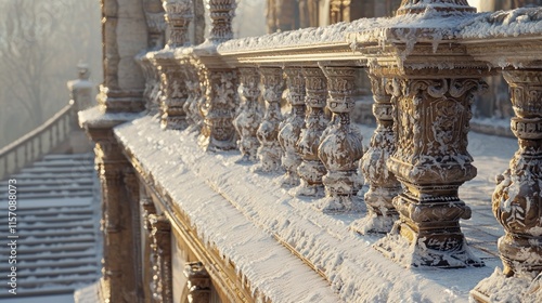Snow-covered ornate balustrade on a grand staircase.