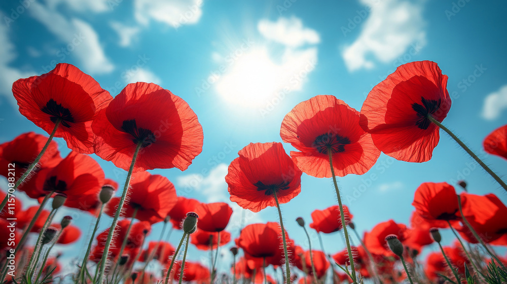 Obraz premium Red poppies blooming in a field under a bright summer sun against a blue sky with white clouds