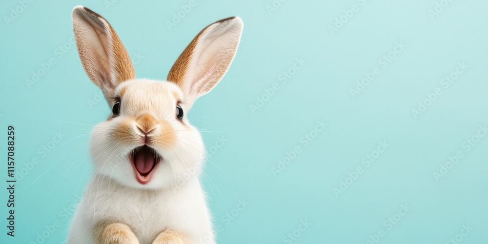 A cheerful and adorable white rabbit is joyfully celebrating Easter, displaying a truly surprised expression against a soft and soothing teal background that enhances its vibrant and playful demeanor A cheerful and adorable white rabbit is joyfully celebrating Easter, displaying a truly surprised expression against a soft and soothing teal background that enhances its vibrant and playful demeanor