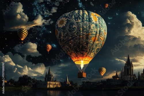 Colorful hot air balloons illuminate the night sky over a picturesque landscape with historic buildings and a serene lake photo