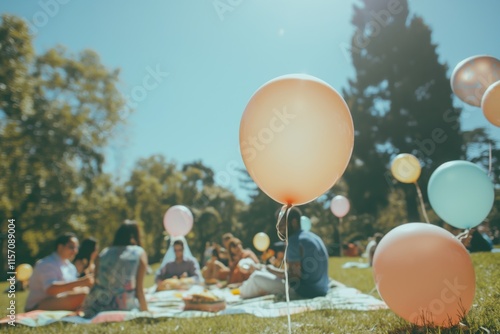 Relaxed outdoor corporate gathering with colorful balloons on a sunny day in a green park