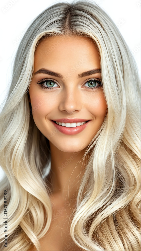 Naklejka premium AI-generated woman portrait with perfect white teeth, wavy blond hair, natural makeup, fresh healthy skin, happy attractive young female model 