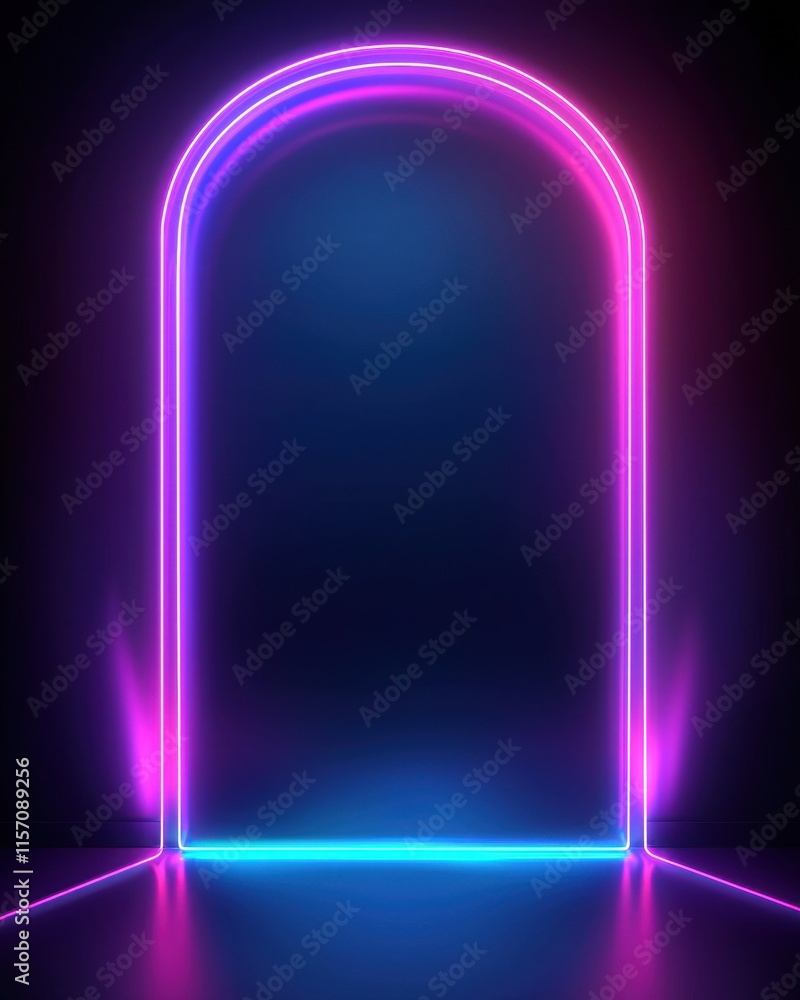 A futuristic neon door outlined with vibrant blue and magenta light, framed by abstract glowing lines and a subtle misty effect for an otherworldly appearance. A futuristic neon door outlined with vibrant blue and magenta light, framed by abstract glowing lines and a subtle misty effect for an otherworldly appearance.