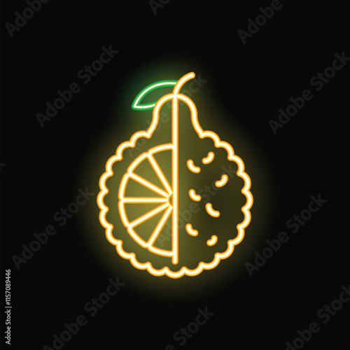 Vibrant neon icon showcasing a durian fruit, partially sliced to reveal its unique texture