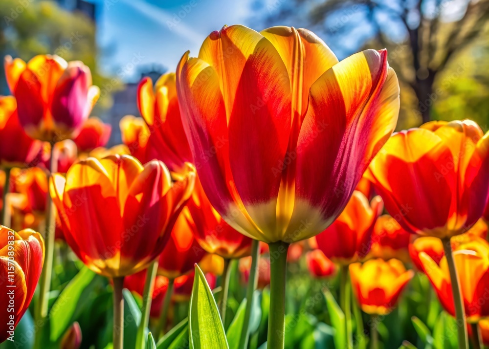 Vibrant Red & Yellow Tulips in Urban Spring Garden - Close-Up Vibrant Red & Yellow Tulips in Urban Spring Garden - Close-Up