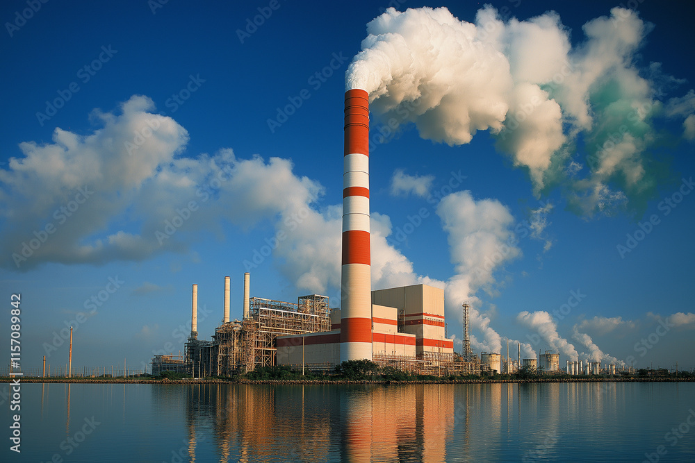 A red and white smokestack with clouds of air pollution coming out against a blue sky background.
A red and white smokestack with clouds of air pollution coming out against a blue sky background.