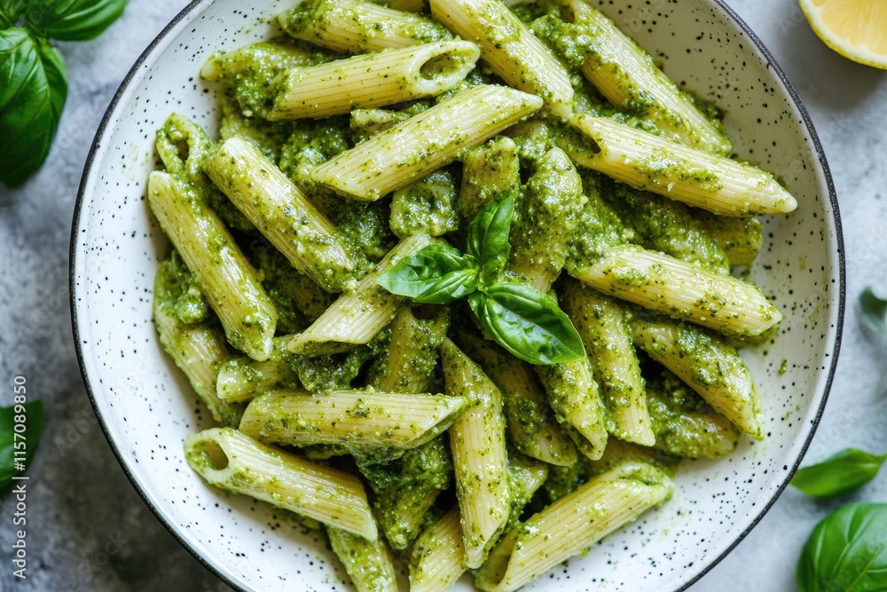 A close-up of creamy penne pasta coated in rich pesto sauce and garnished with basil.