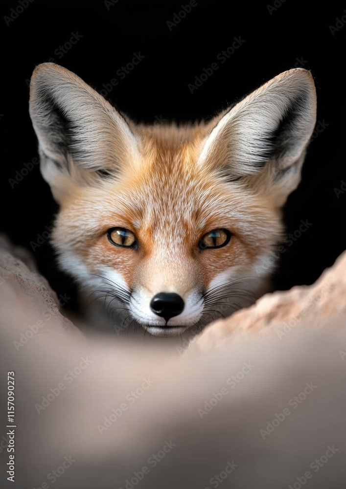 Fototapeta premium A fox is looking at the camera with its eyes open