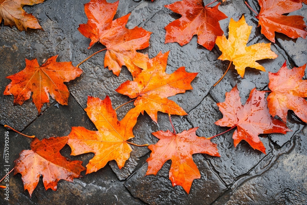 Freshly fallen orange leaves scattered on wet pavement. Freshly fallen orange leaves scattered on wet pavement.