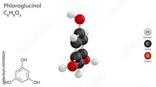 Phloroglucinol. Antispasmodic. Animated 3D model of a molecule. Molecular formula: C6H6O3. Chemical model: Ball and stick. White background. 3D rendering. Seamless loop. photo