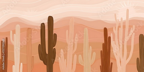 Desert landscape illustration with various cacti silhouettes against a soft peach sky.