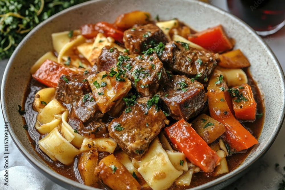 A hearty bowl of beef stew served with tender pasta and vibrant vegetables on the side. A hearty bowl of beef stew served with tender pasta and vibrant vegetables on the side.