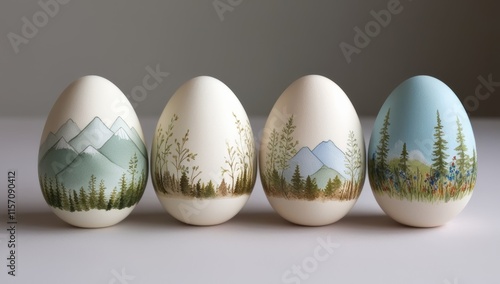 Easter eggs painted with serene mountain landscapes, pine trees, and wildflowers. Nature, tourism, hiking concept. Handmade craft DIY photo