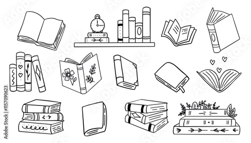 Book stack sketch set. Hand drawn sketch doodle style line book stack. Library, reading, school doodle concept icon background. Pen line style stroke. Vector illustration